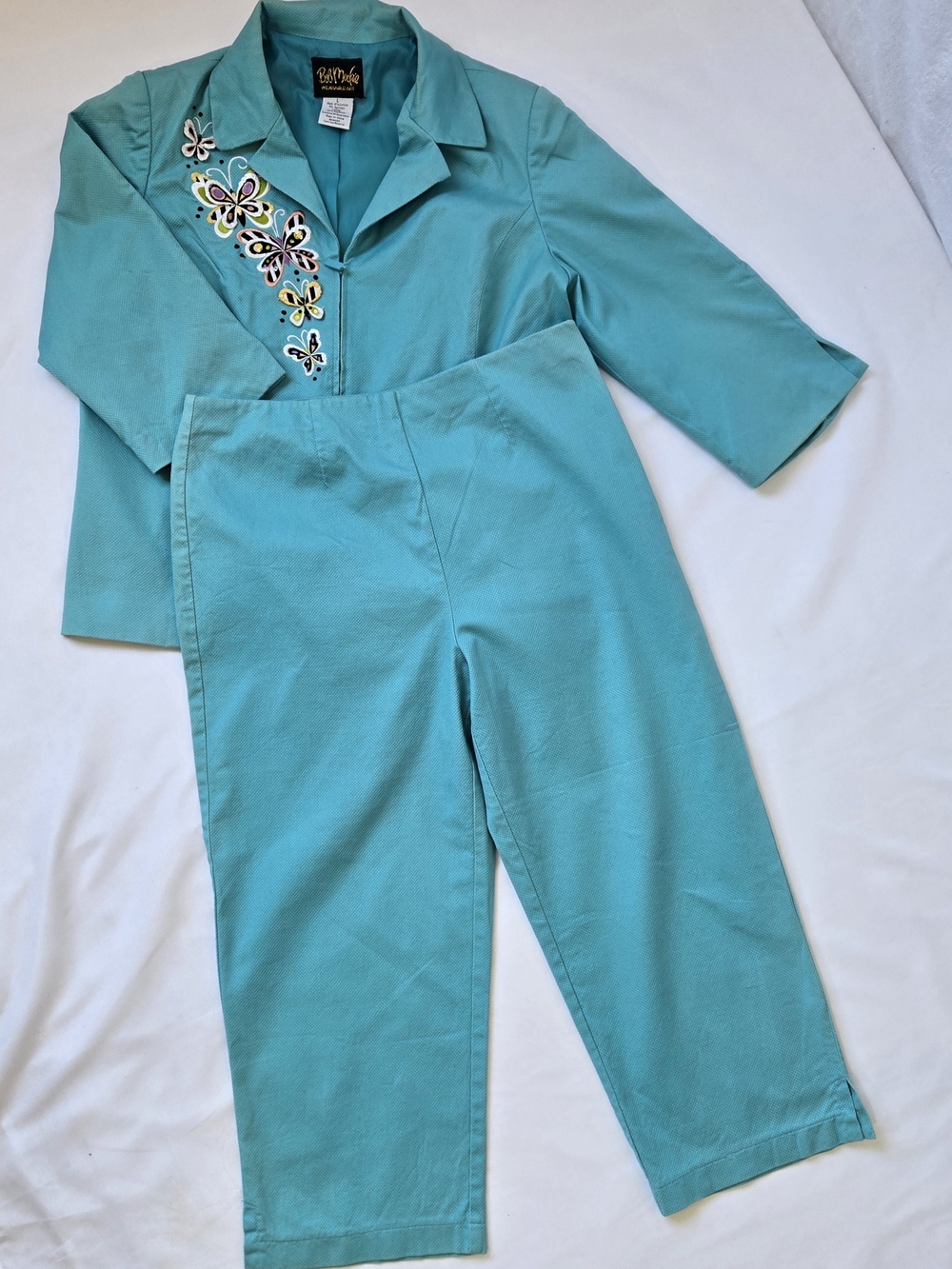 Bob Mackie Wearable Art 2 Pc Suit Set Women's L Aqua Butterfly Embroidered